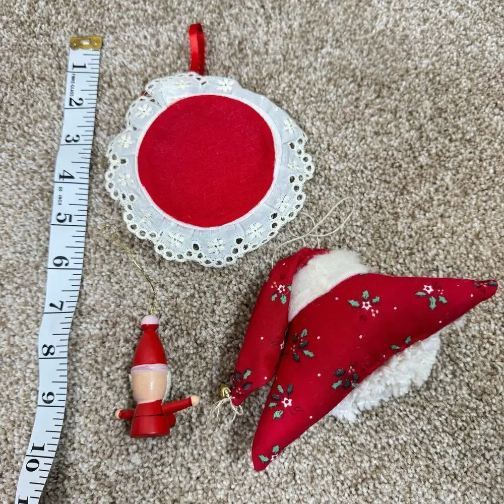 VTG Christmas Ornaments Santa Red Green Handmade Painted Set of 3